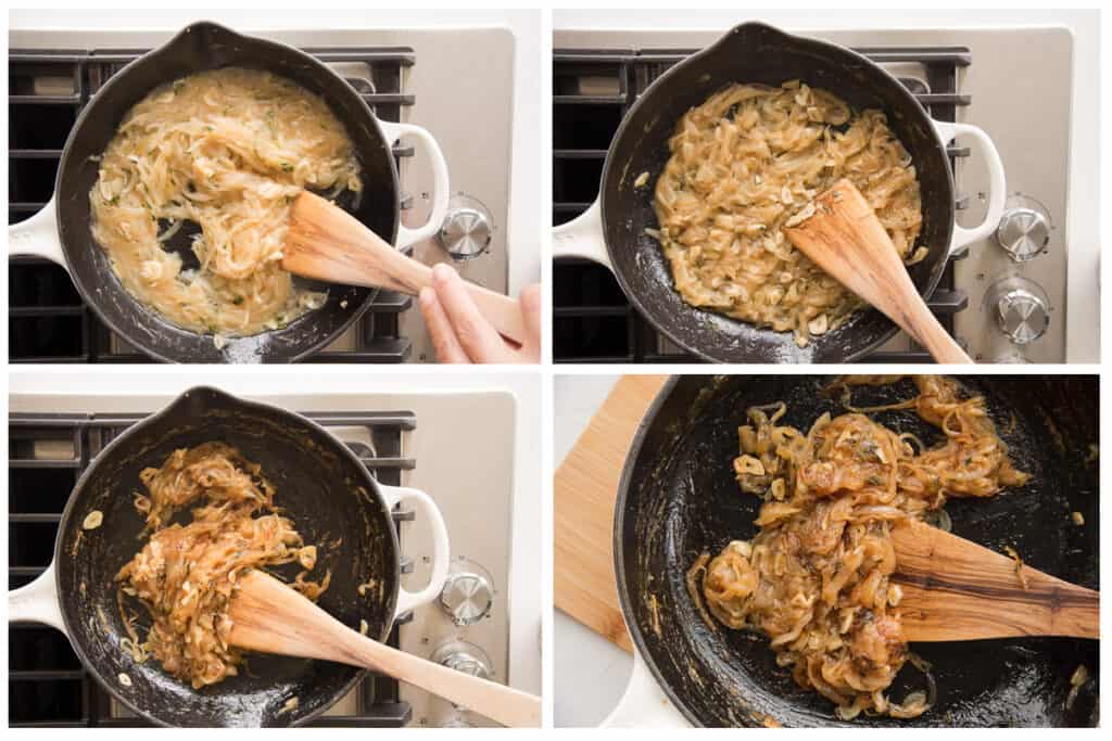 A collage shows the final progression of the caramelized onions in the pan.