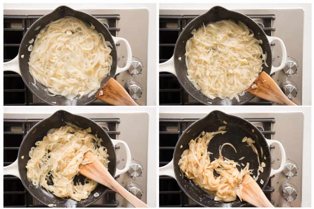 A collage showing the progression of the caramelizing onions in a pan.