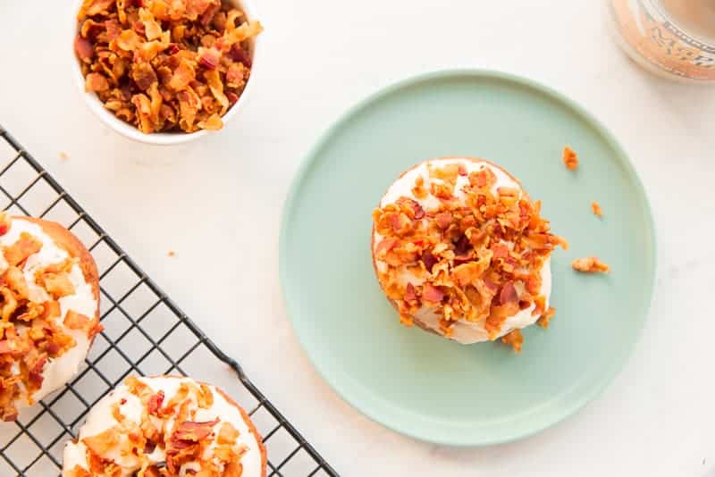 Maple Bacon Cake Donuts on a green plate