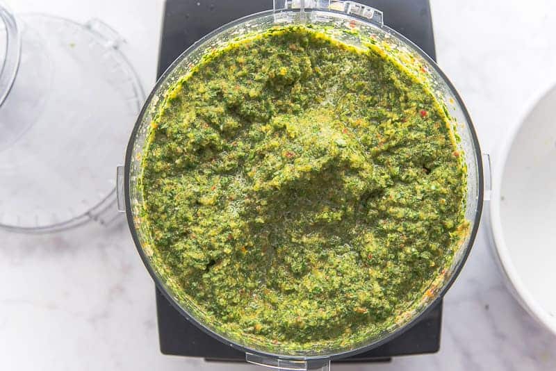 The finished Sofrito is in a food processor