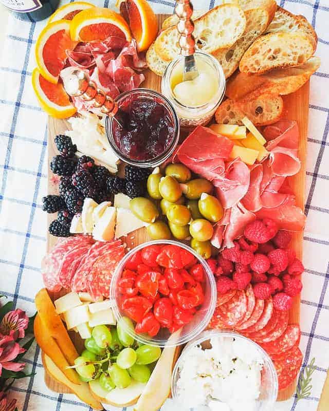 Overhead shot of a DIY Meat and Cheese Board great for Labor Day
