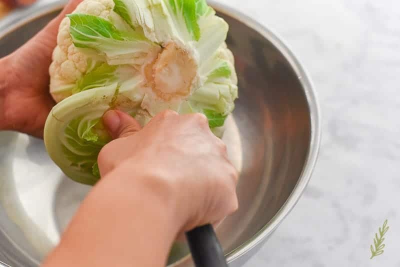 two hands cut the root of a cauliflower away with a paring knife. 