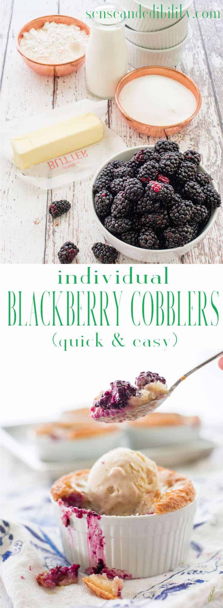 Blackberry Cobblers serve up the fruits of summer in the most delectable way. Topped with a batter crust, this dessert is the perfect sweet ending to your summertime meals. Don't forget a generous scoop of frozen custard to serve with it! #blackberrycobbler #cobbler #berrycobbler #dessert #alamode  via @ediblesense