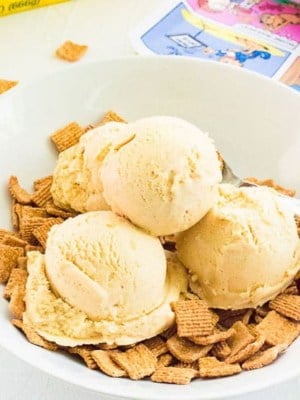 Cereal bowl with three scoops of Cereal Milk Frozen Custard