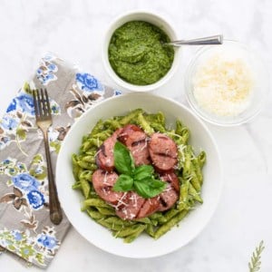 Sense & Edibility's Penne in Pesto Sauce with Grilled Sausage