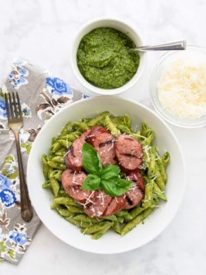 Sense & Edibility's Penne in Pesto Sauce with Grilled Sausage