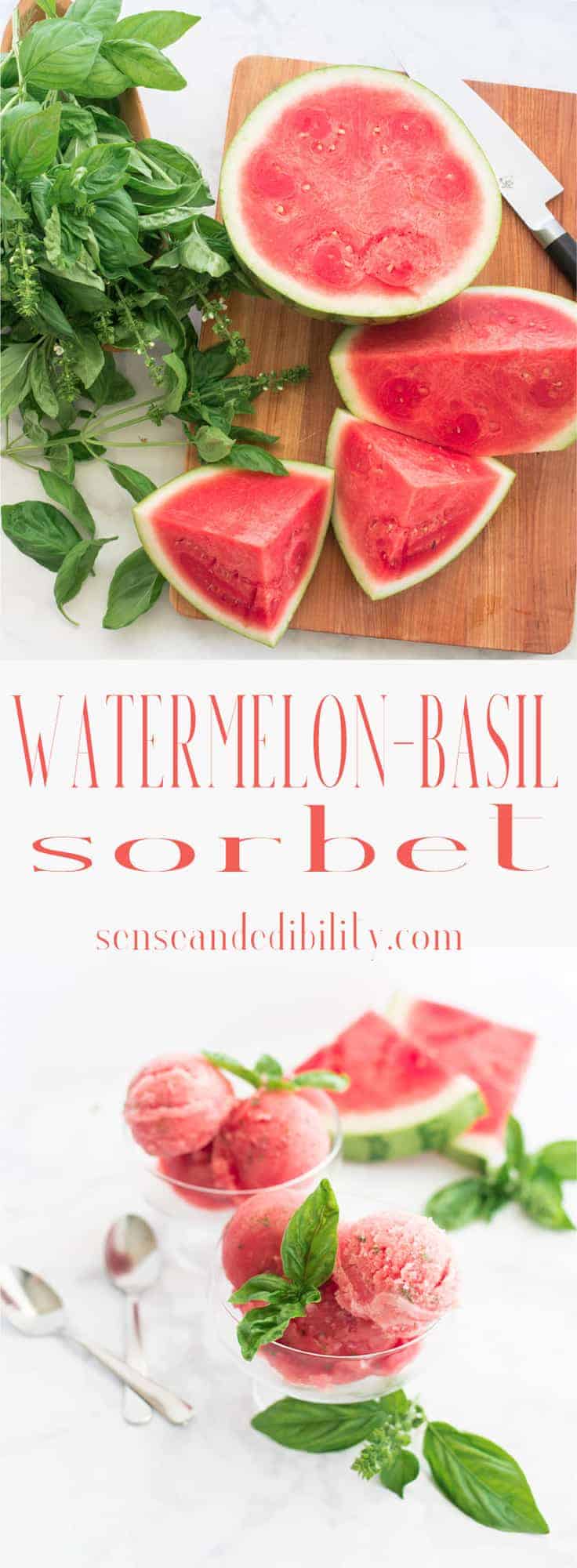 This refreshing watermelon dessert is an herbaceous way to celebrate summer. The added basil provides intense flavor. Made with the freshest of ingredients. #watermelonbasil #sorbet #fruitdessert #icecream #watermelonsorbet via @ediblesense