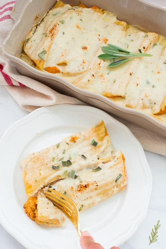 A serving of Pumpkin-Stuffed Manicotti in Sage Bechamel is perfect for Thanksgiving 2019