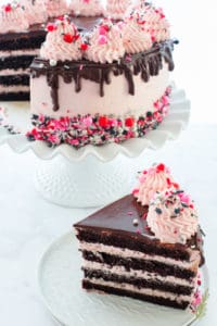 A single slice of Raspberry-Chocolate Ganache Torte with the rest of the cake in the background