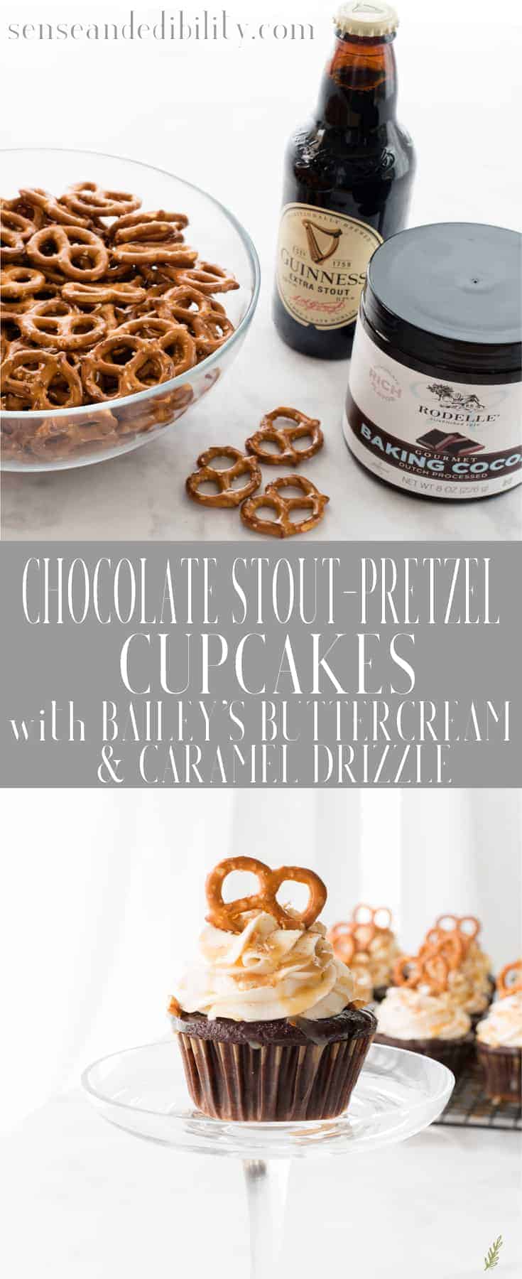 Sense & Edibility's Chocolate Stout-Pretzel Cupcakes with Bailey's Buttercream and Caramel Drizzle Pin