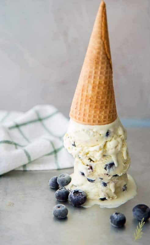 Scoops of Kaffir Lime and Blueberry Frozen Custard with ice cream cone on top and scattered blueberries