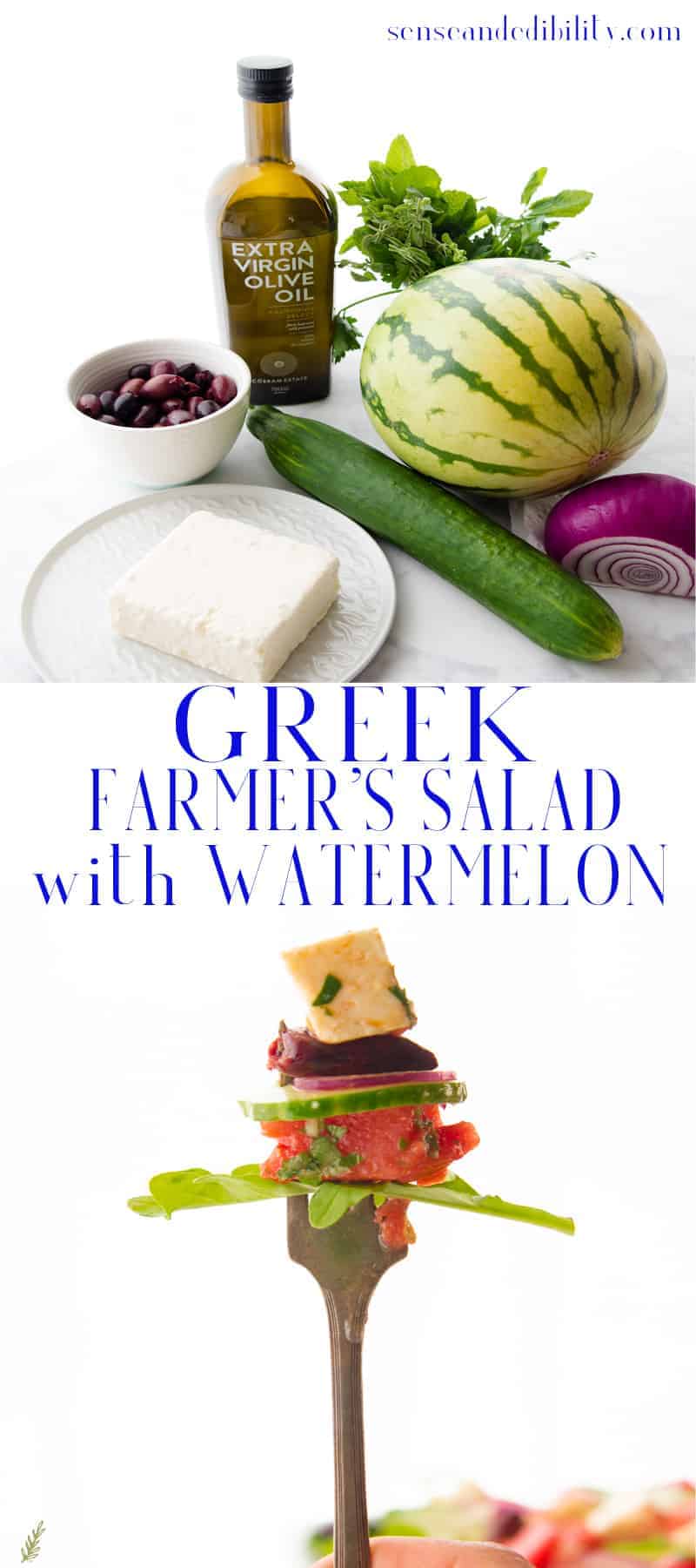 The traditional Greek Farmer's Salad gets a sweet twist with the addition of juicy watermelon. It's the perfect addition to your summertime meals. #farmerssalad #greeksalad #watermelonsalad via @ediblesense