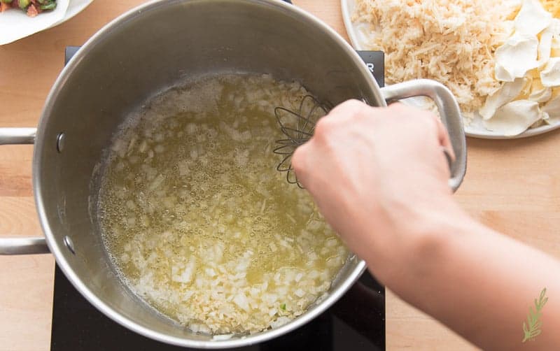 Sauteing the onions and garlic in the Danish Creamery unsalted butter