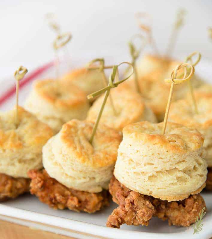 Close up of chicken and biscuit skewer