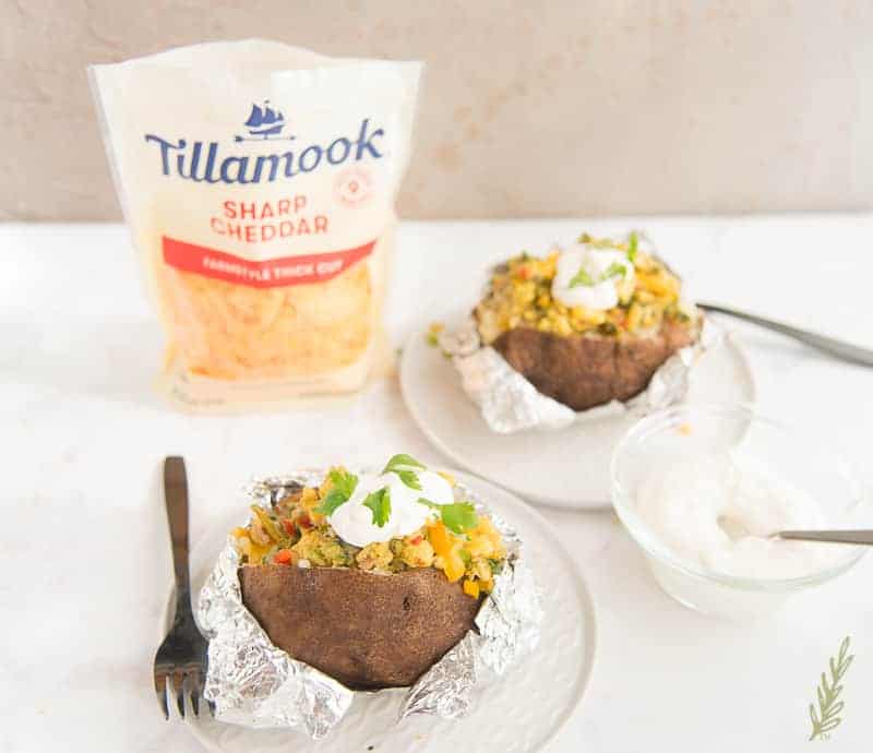 Make Ahead Western Omelets w SC Baked Potatoes with a bag of Tillamook Cheddar in the background