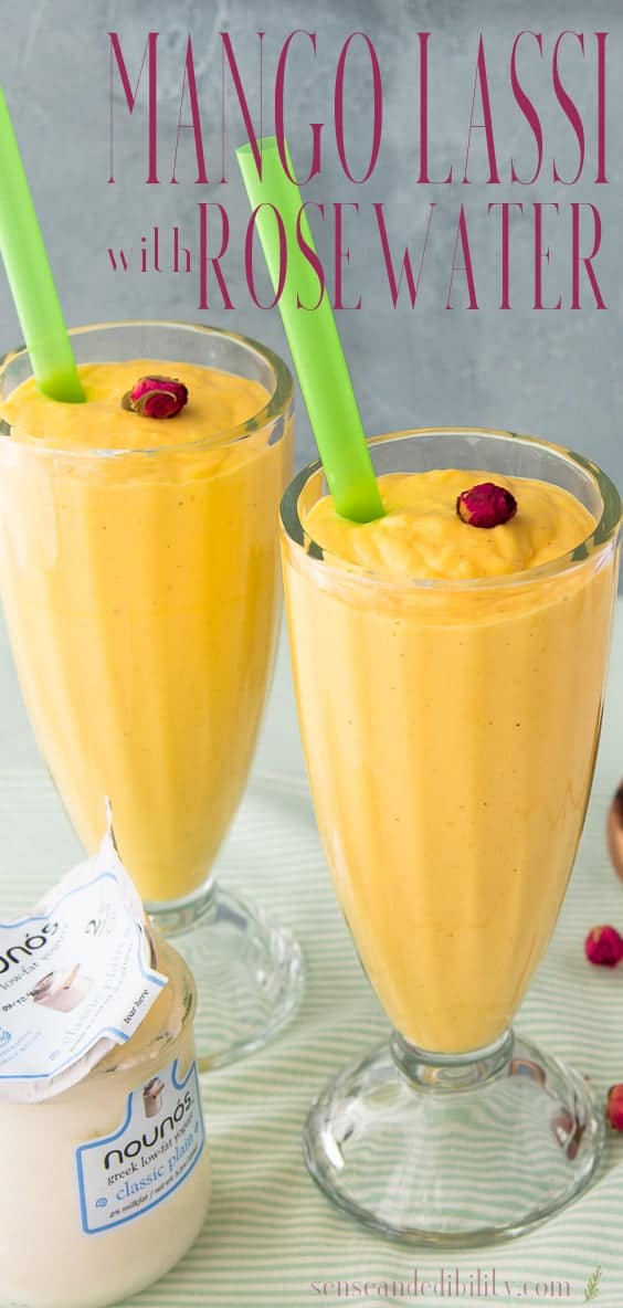 Long pin (sideview) of two glasses of mango lassi
