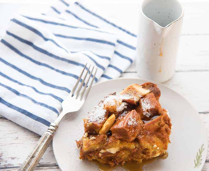 A ready to eat shot of the Pumpkin Cream Cheese Slow Cooker French Toast Casserole