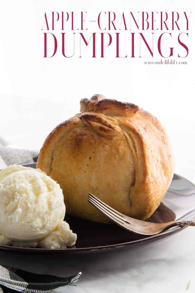 Use homemade or frozen puff pastry to make these easy Apple-Cranberry Dumplings. #appledumpings #dumplings #appledesssert #applecranberry #puffpastry #piedpugh #applepie #falldesserts #fallbaking #baking #sweets #dessert #postres  via @ediblesense