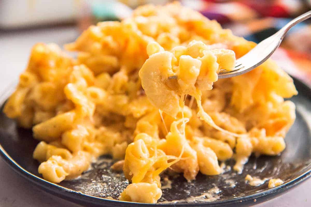 A forkful of Five Cheese Baked Macaroni and Cheese is lifted from the blue plate.