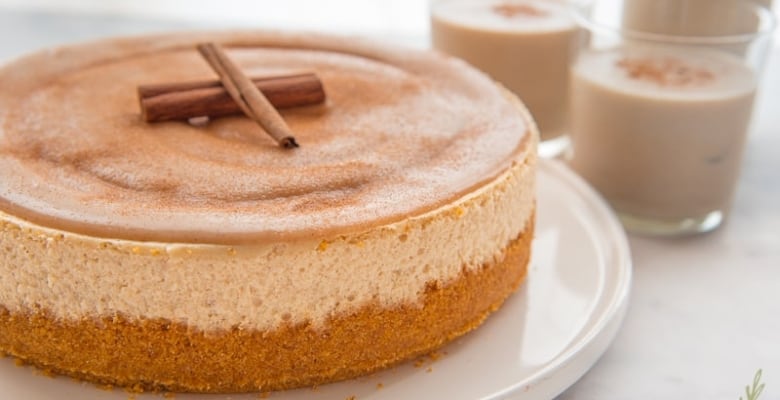A 3/4 view of the whole Creamy Coquito Cheesecake