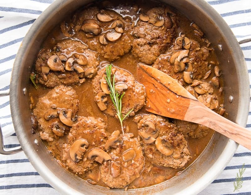 Simmer the Salisbury Steaks in the mushroom gravy for 10 minutes