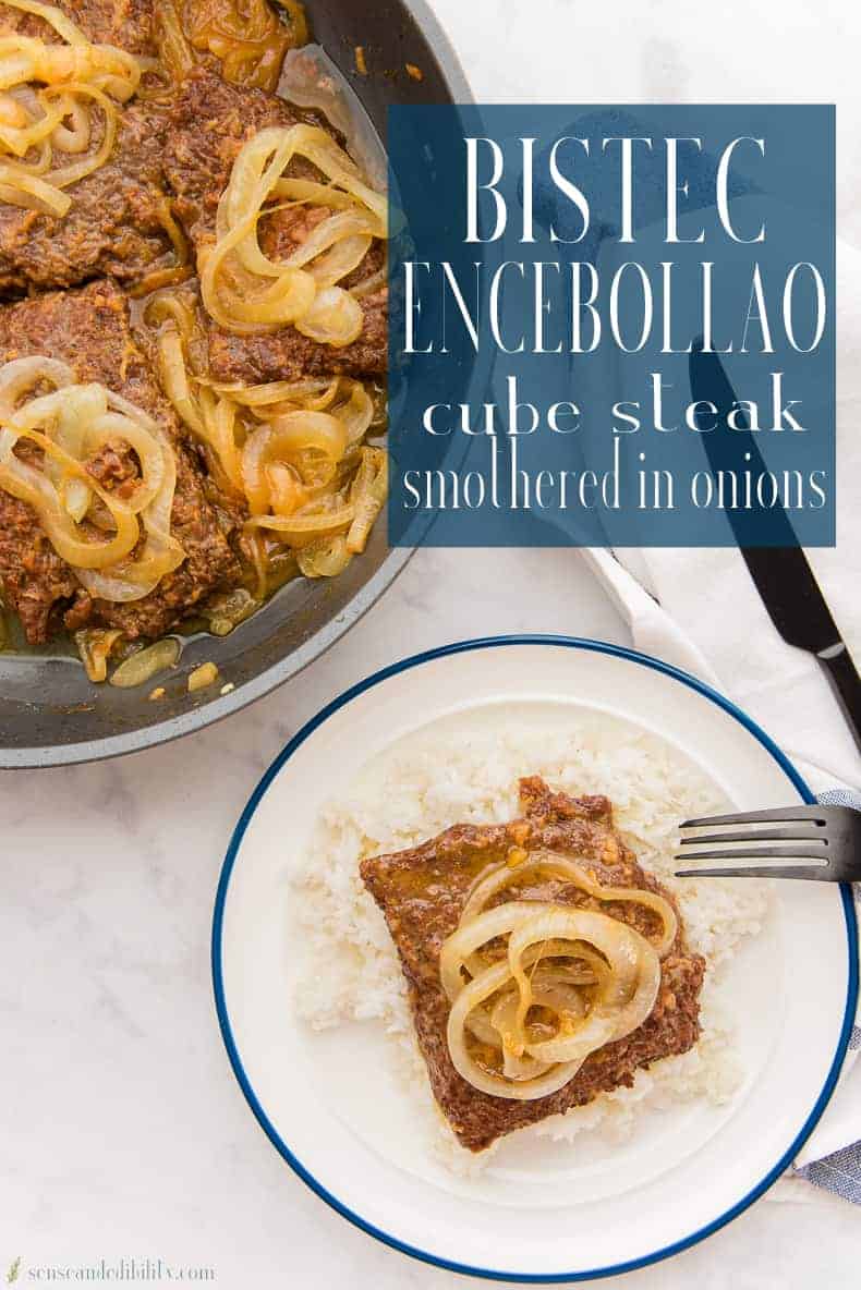 Bistec Encebollao (Cube Steak Smothered in Onions) is a classic, economical Puerto Rican dish. Enjoy it over steamed white rice. #bistec #bistecencebollao #encebollado #cubesteak #smotheredsteak #PuertoRican via @ediblesense