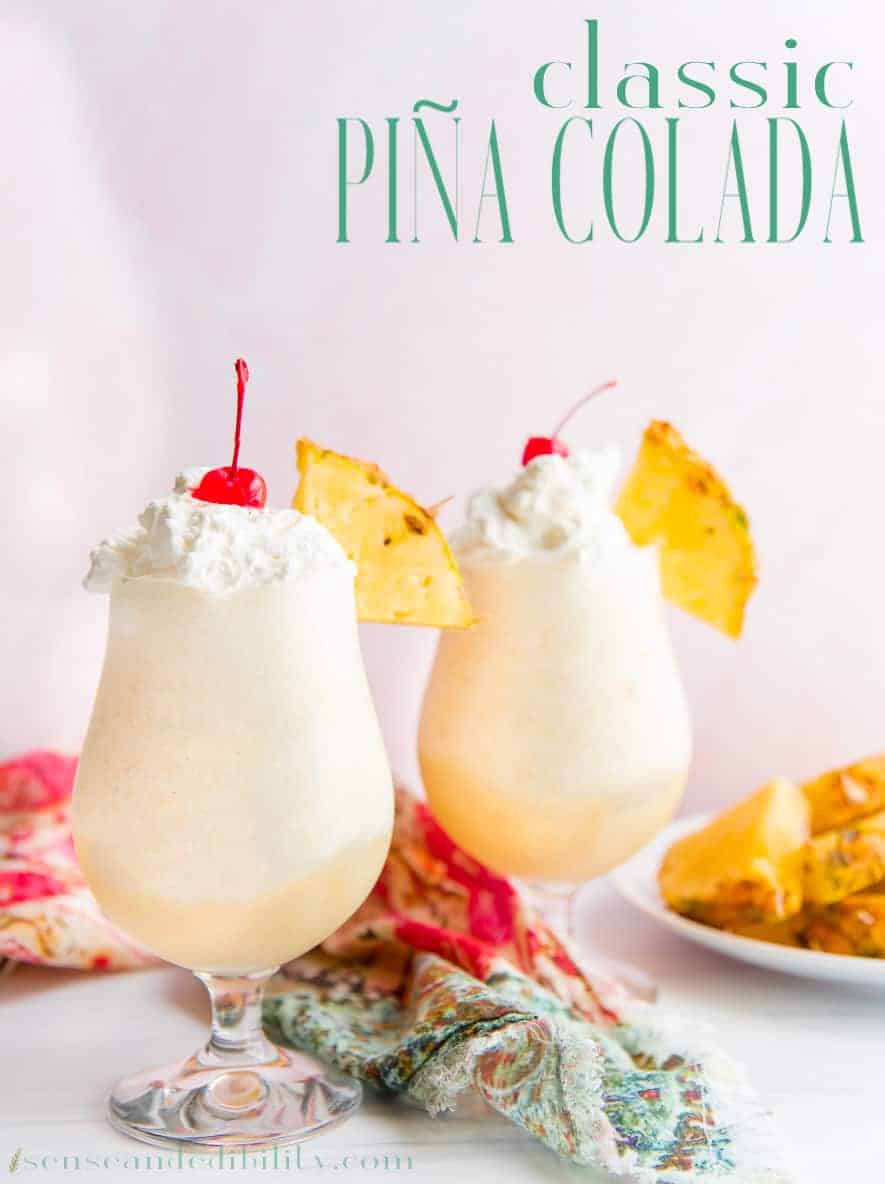 Classic Piña Coladas are a favorite Puerto Rican cocktail made with pineapple juice, coconut, and rum. My twist adds a few other ingredients for extra flavor. #pinacolada #piñacolada #rum #rumcocktail #cocktails #libations #alcoholicbeverage #adultbeverage #PuertoRicanrum #senseandedibility via @ediblesense