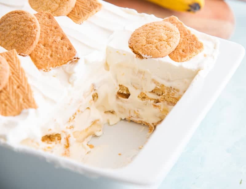 The interior of the Homemade Banana Pudding is shown as it sits in a white casserole dish