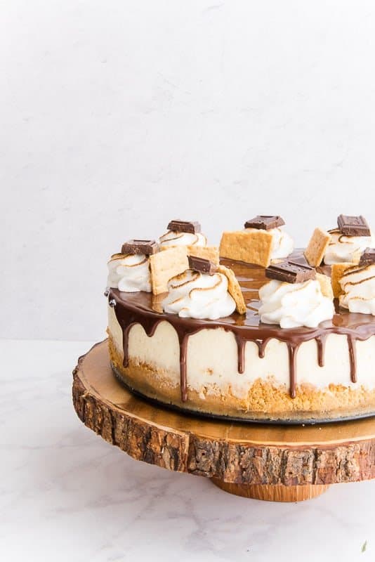 A sideview shot of the s'mores Cheesecake on a wooden cake stand