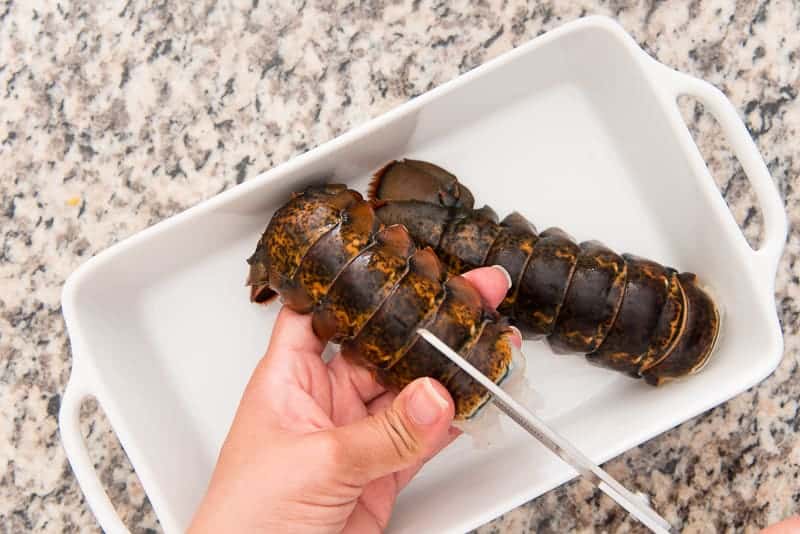 A hand holds a lobster tail while using kitchen shears to cut the shell open. 