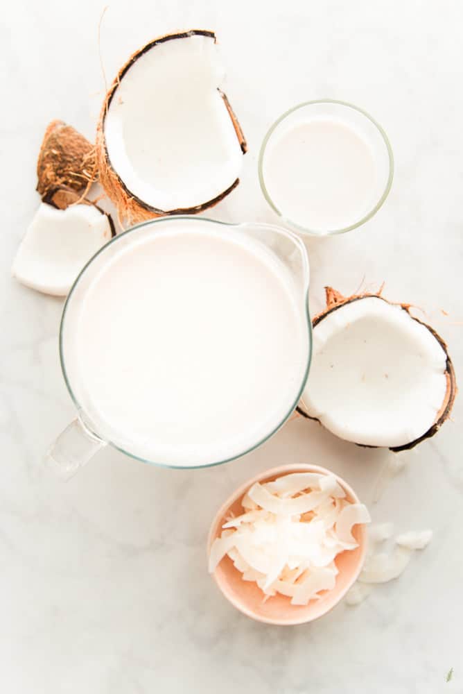 Overhead image of a pitcher of Coconut Milk, a coconut cracked open, a pink bowl with coconut silvers and a glass of coconut milk