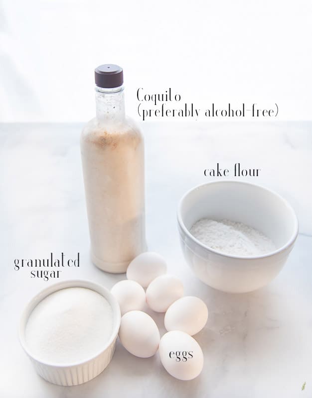 Ingredients for Coquito Tres Leches: coquito, cake flour, eggs, and sugar