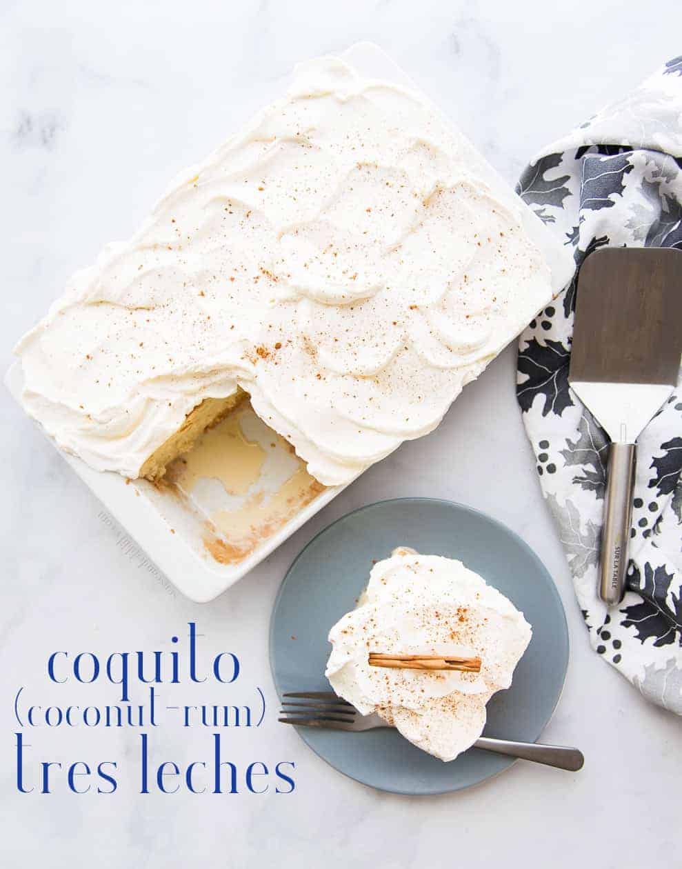 Make the holiday merrier and brighter by serving this creamy, fluffy Coquito Tres Leches cake for dessert. Combine the beloved Puerto Rican coconut and rum nog with an airy sponge cake. Top with freshly whipped cream and a dusting of cinnamon. #coquito #coquitotresleches #treslechescake #cake #bizcochodetresleches #postrespuertorriqueños #recetasdepostres #treslechesrecipe #coconut #rum #whippedcream #Christmasdessert #Thanksgivingdessert #holidaybaking #holidaydesserts via @ediblesense