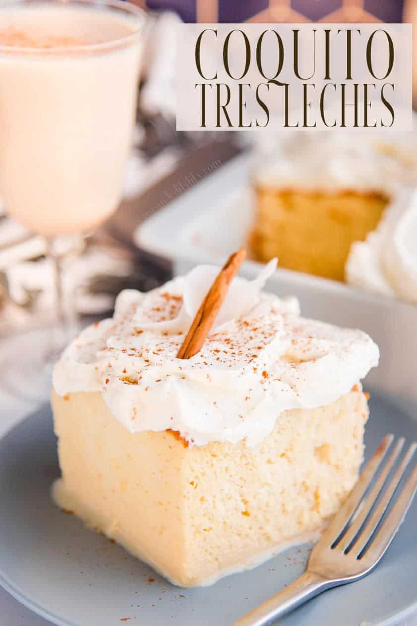Make the holiday merrier and brighter by serving this creamy, fluffy Coquito Tres Leches cake for dessert. Combine the beloved Puerto Rican coconut and rum nog with an airy sponge cake. Top with freshly whipped cream and a dusting of cinnamon. #coquito #coquitotresleches #treslechescake #cake #bizcochodetresleches #postrespuertorriqueños #recetasdepostres #treslechesrecipe #coconut #rum #whippedcream #Christmasdessert #Thanksgivingdessert #holidaybaking #holidaydesserts via @ediblesense