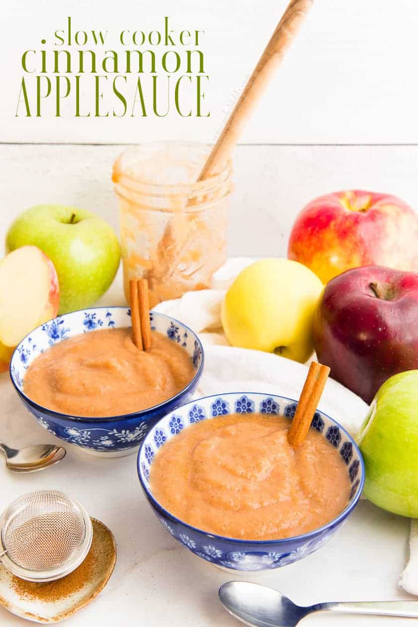 Slow Cooker Cinnamon Applesauce is one of the easiest side dish recipes out there. Serve it alongside pork or poultry as an accompaniment or give to the kiddos for breakfast or snack time. #applesauce #homemadeapplesauce #cinnamonapples #slowcookerrecipe #sidedish #pork #poultry #crockpotrecipe #fallrecipe #slowcookerapplesauce #slowcookersidedish #easyrecipes #kidfriendly #freezerfriendly #applepuree #babyfood #cinnamonapplesauce #winterbaking  via @ediblesense