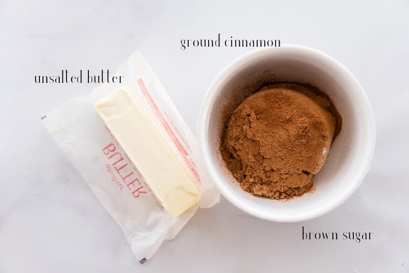 Ingredients for cinnamon-sugar filling: brown sugar, cinnamon, butter.