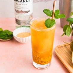 Preview of the Passion Fruit Mojito cocktail in a highball glass next to a silver cocktail stirrer.
