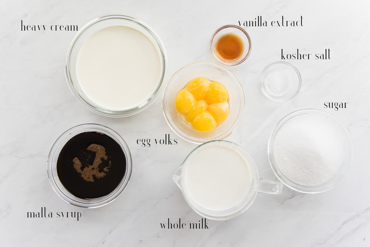 Ingredients needed to make Ponche Frozen Custard: heavy cream, vanilla, kosher salt, sugar, whole milk, egg yolks, and a malta syrup