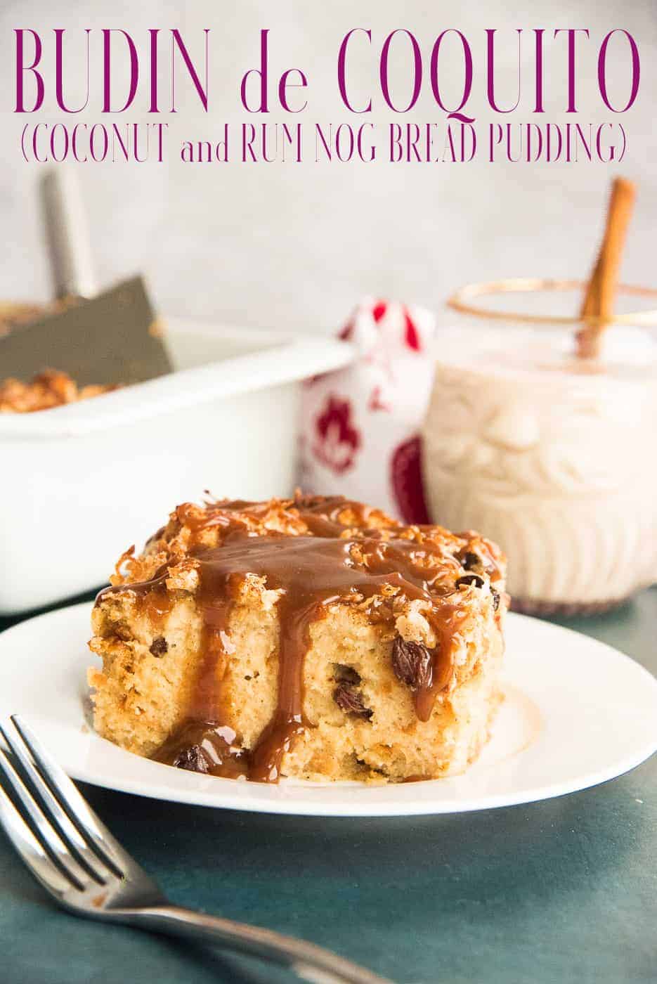 Coquito Bread Pudding with Coquito Toffee Sauce combines the favorite coconut and rum cocktail in a comforting dessert recipe. Make yours with virgin coquito or spike it for a boozy version. Prepared with or without raisins to suit your preferences. #coquito #coquitobreadpudding #budindecoquito #pansobao #coconutrum #coconuteggnog #coconutnog #ponchedecoco #ponche #baking #dessertrecipe #coquitodessert via @ediblesense
