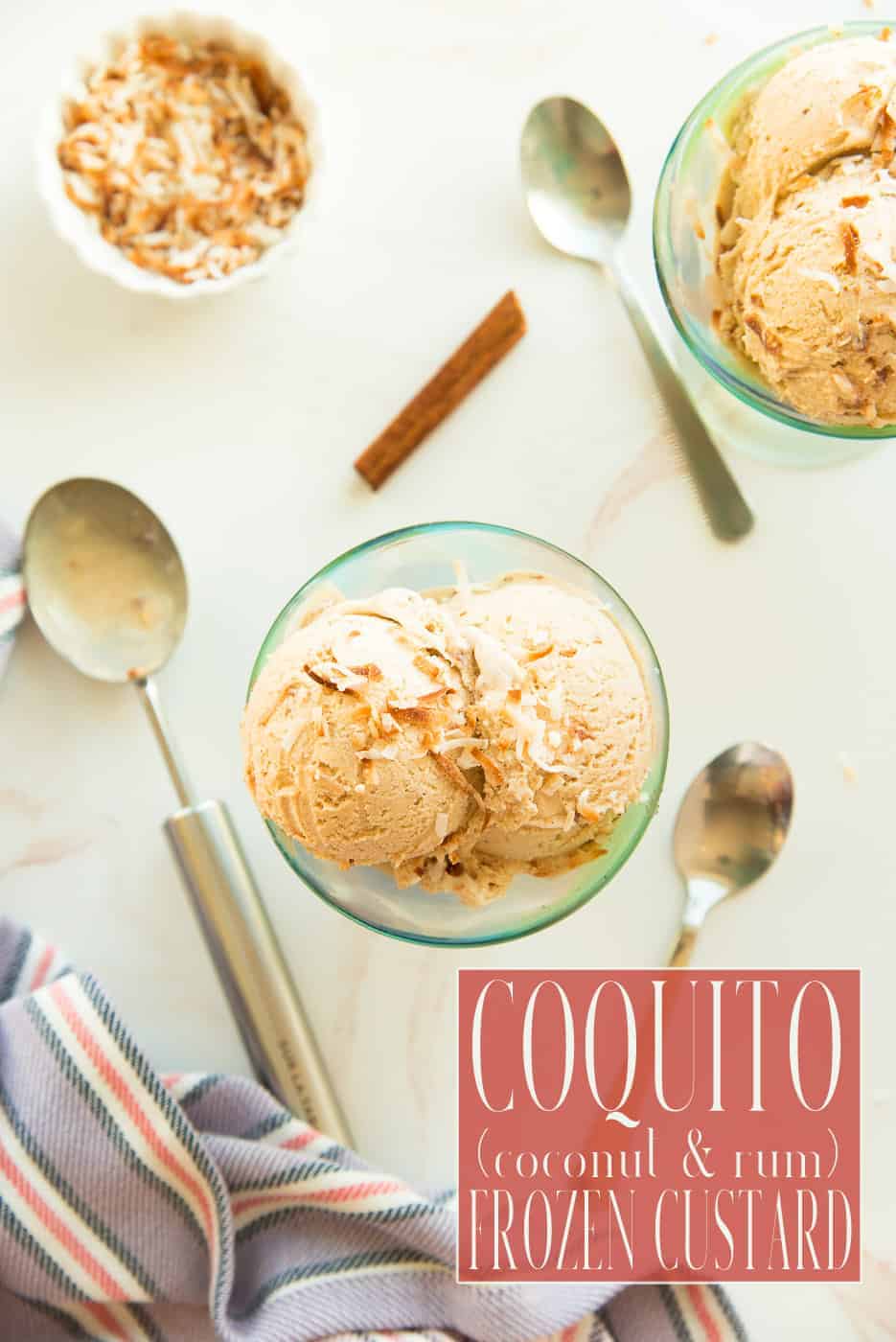 Coquito Frozen Custard makes the popular Puerto Rican holiday rum and coconut cocktail kid- and summer-friendlier. Made with fresh coconut milk, warm cinnamon, and nutty coconut flakes, your entire family is going to love this new twist on a classic. #frozencustard #icecream #coconut #coquito #recetadecoquito #recetaPuertorriqueña #PuertoRicanrecipe #rum #bacardirum #cocolopez #coquitodessert #coquitoicecream #coconuticecream via @ediblesense