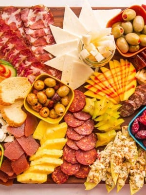 Preview image of Mexican Charcuterie Board on a wooden cutting board.