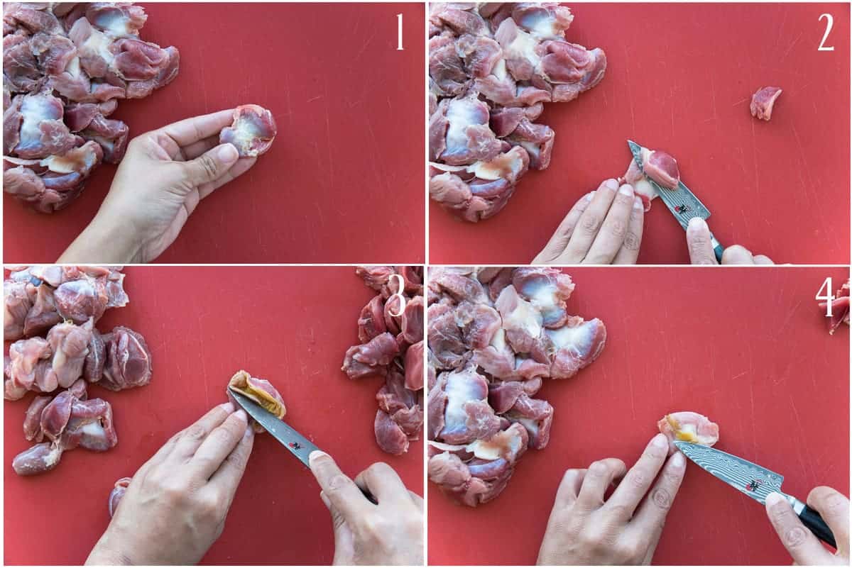 A 4-image collage shows how to trim the chicken gizzards