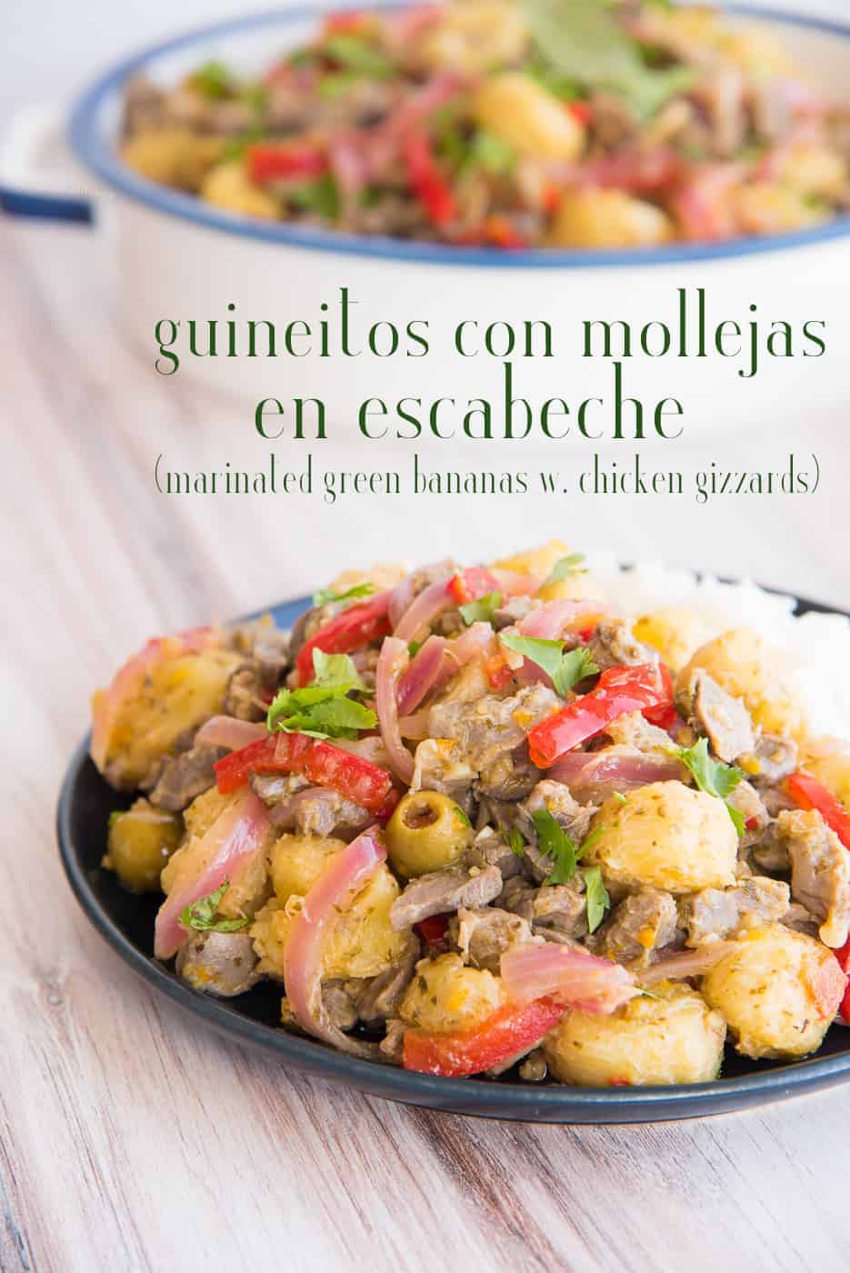 Guineitos con Mollejas en Escabeche is a popular dish during the Puerto Rican holidays. It pays homage to the flavors and ingredients of the African heritage, while filling your mouth with bold and contrasting flavors and textures. Chicken gizzards are very similar in flavor to dark meat chicken so you'll love this. #mollejas #chickengizzards #guineoverde #greenbananas #mollejasenescabeche #guineosenescabeche #PuertoRican #PuertoRicanrecipes #holidayrecipe #recetasnavideños #Navidad #Christmas #Thanksgiving #NewYears #DiaDeLosReyes via @ediblesense
