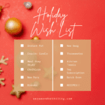 Social media image for 2021 Holiday Gift Guide. Red background with a brown square and all of the gifts on it.
