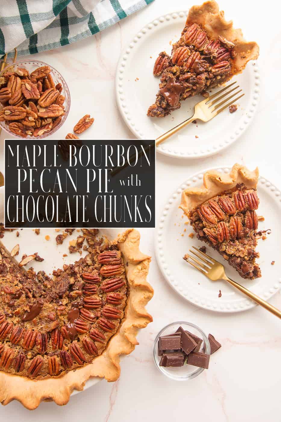 Maple Bourbon Pecan Pie with Chocolate Chunks adds new elements of flavor to what could be a boring pecan pie. Made without corn syrup, this pie has bittersweet chocolate chunks and a nice dose of spicy bourbon to cut through the sweetness of maple-coated pecans. Make this for your next holiday gathering. #pecanpie #bourbonpecanpie #maplepecanpie #pie #piebaking #pierecipe #mealypiedough #piedough #baking #holidaydessertrecipe #holidaydessert #holidayrecipe #Thanksgiving #Christmas via @ediblesense