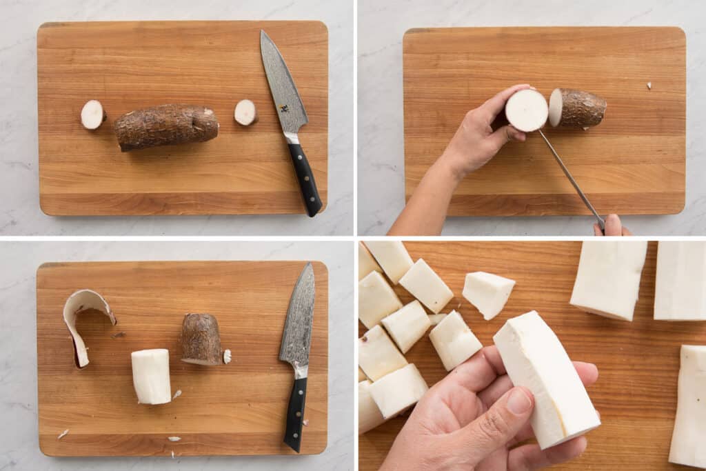 A collage shows the process of peeling a cutting yuca.