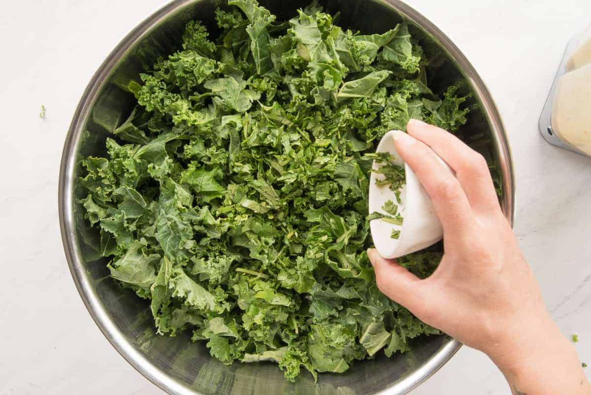 Fresh herbs are tossed into the silver mixing bowl with the kale.