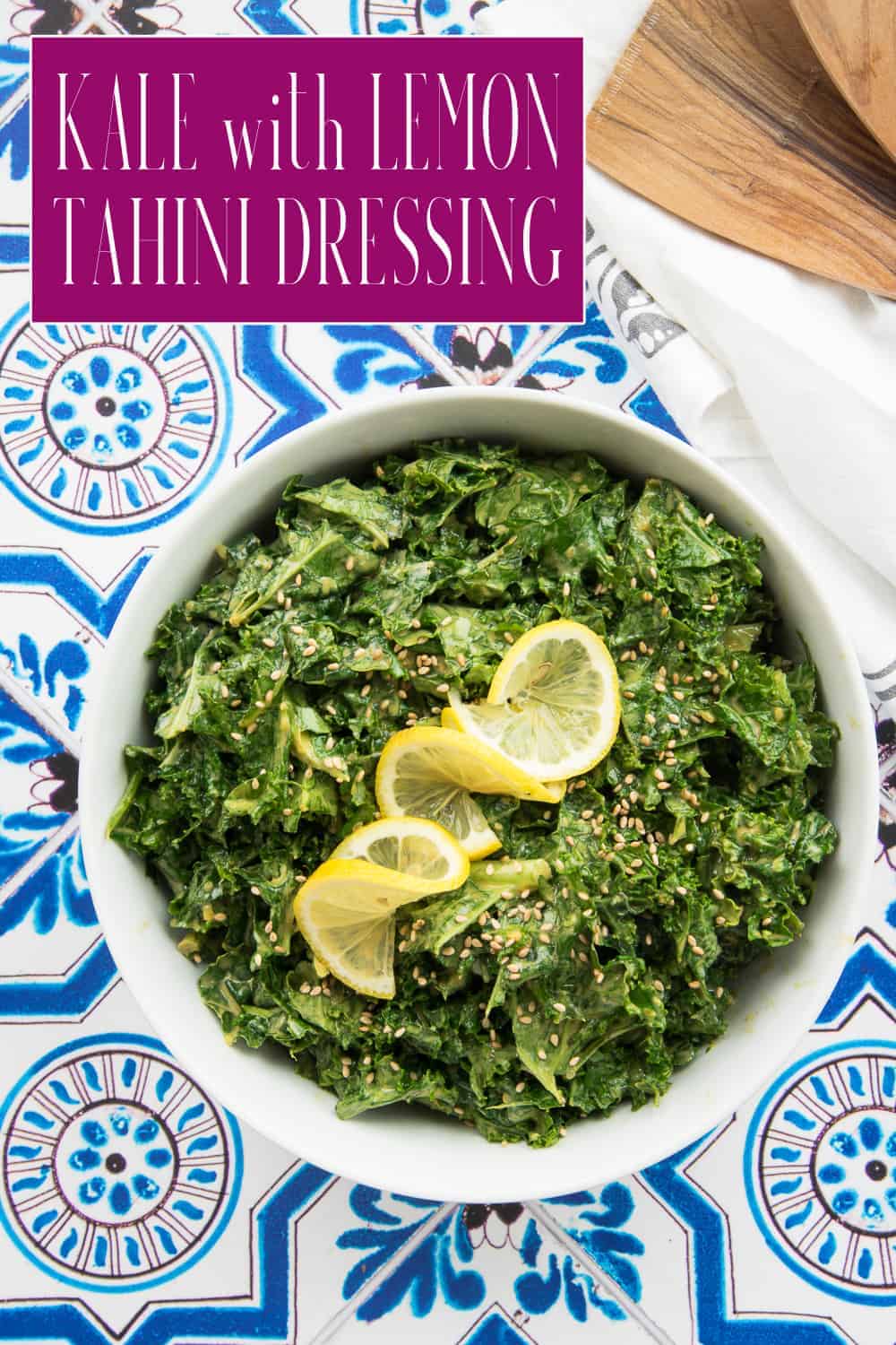 Kale with Lemon-Tahini Dressing is an easy vegan side dish that pairs well with your favorite proteins, or which can be served alone as a salad. Prepare the lemon-tahini dressing a few days ahead for an even faster recipe. #kalerecipe #greens #kalegreens #kalesalad #tahinidressing #lemontahini #tahini #salad #saladentree #entree #veganrecipe via @ediblesense