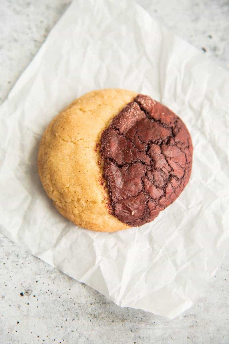 Overhead image of a Red Velvet Snickerdoodle Brookie on a crumpled piece of parchment paper.