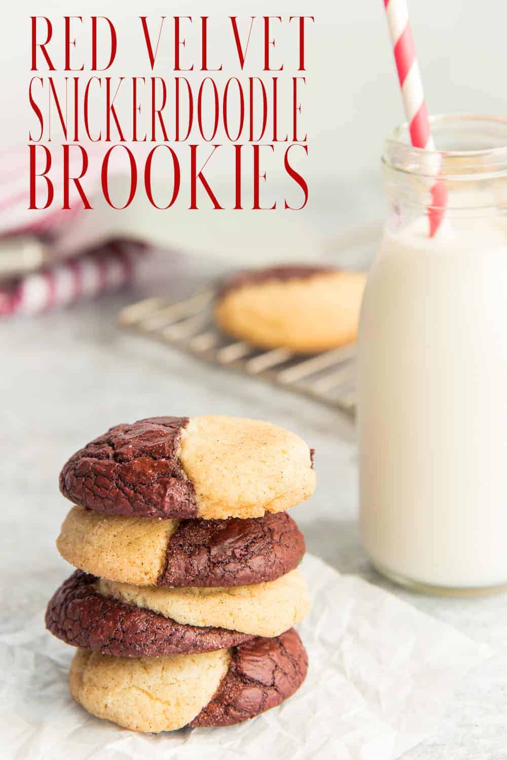 Red Velvet Snickerdoodle Brookies combine the best of both dessert cookie worlds. Decadent, rich red velvet brownie collides with a buttery spiced snickerdoodle cookie to make the sweetest bite ever. #cookie #brookie #crownie #chocolate #redvelvet #snickerdoodle #valentinesdaycookie #dessert #dessertrecipe #cookierecipe via @ediblesense